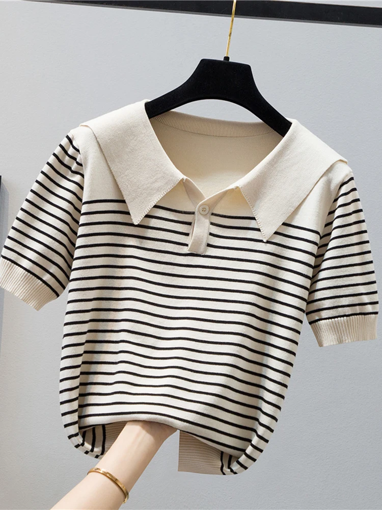 Top Trends: Knitted Striped T Shirt Women Short Sleeve T-Shirts Turn-Down Collar Tee Shirt Femme Korean Style Clothes New Summer Tops Tshirt Shoppable Styles