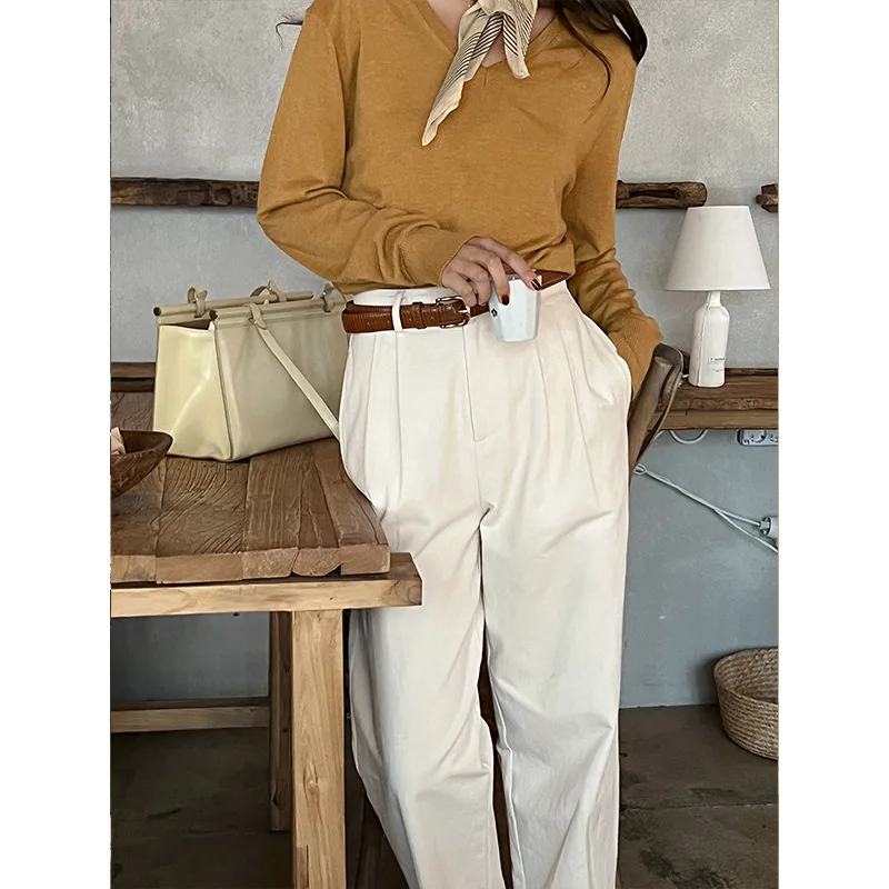 Top Trends: High Grade Women 100% Cotton Casual Suit Pants 2023 New Loose Slim High Waist Straight Leg Trousers Pure White For Spring Autumn Shoppable Styles