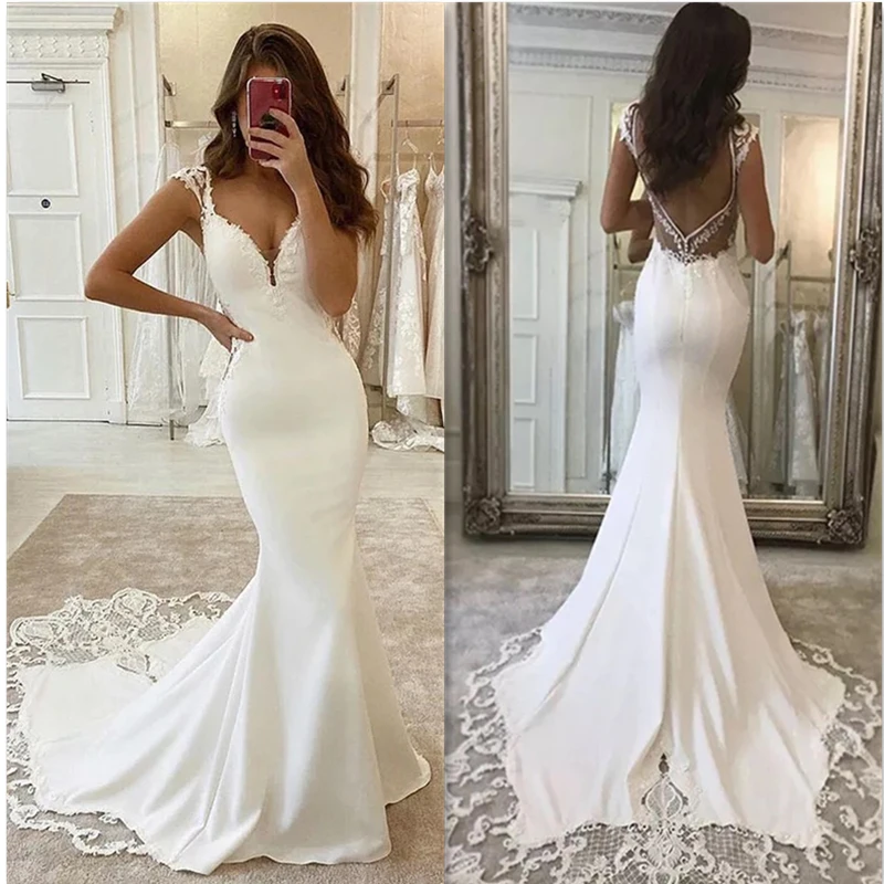 Top Trends: Lace Appliques Deep V-Neck Mermaid Wedding Dresses 2023 Charming Cap Sleeve Long Sweep Train Backless Formal Satin Bridal Gown Shoppable Styles