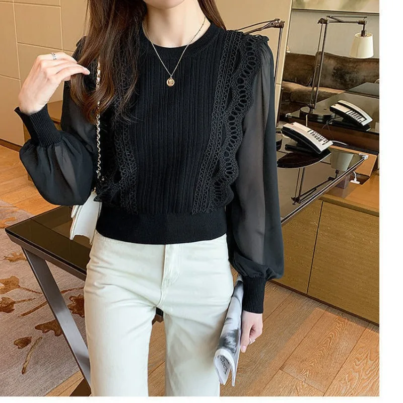 Top Trends: Women&#039;s Autumn Winter Fashion Elegant Solid Round Neck Pullover Gauze Splice Casual Versatile Bubble Sleeve Loose Chiffon Tops Shoppable Styles