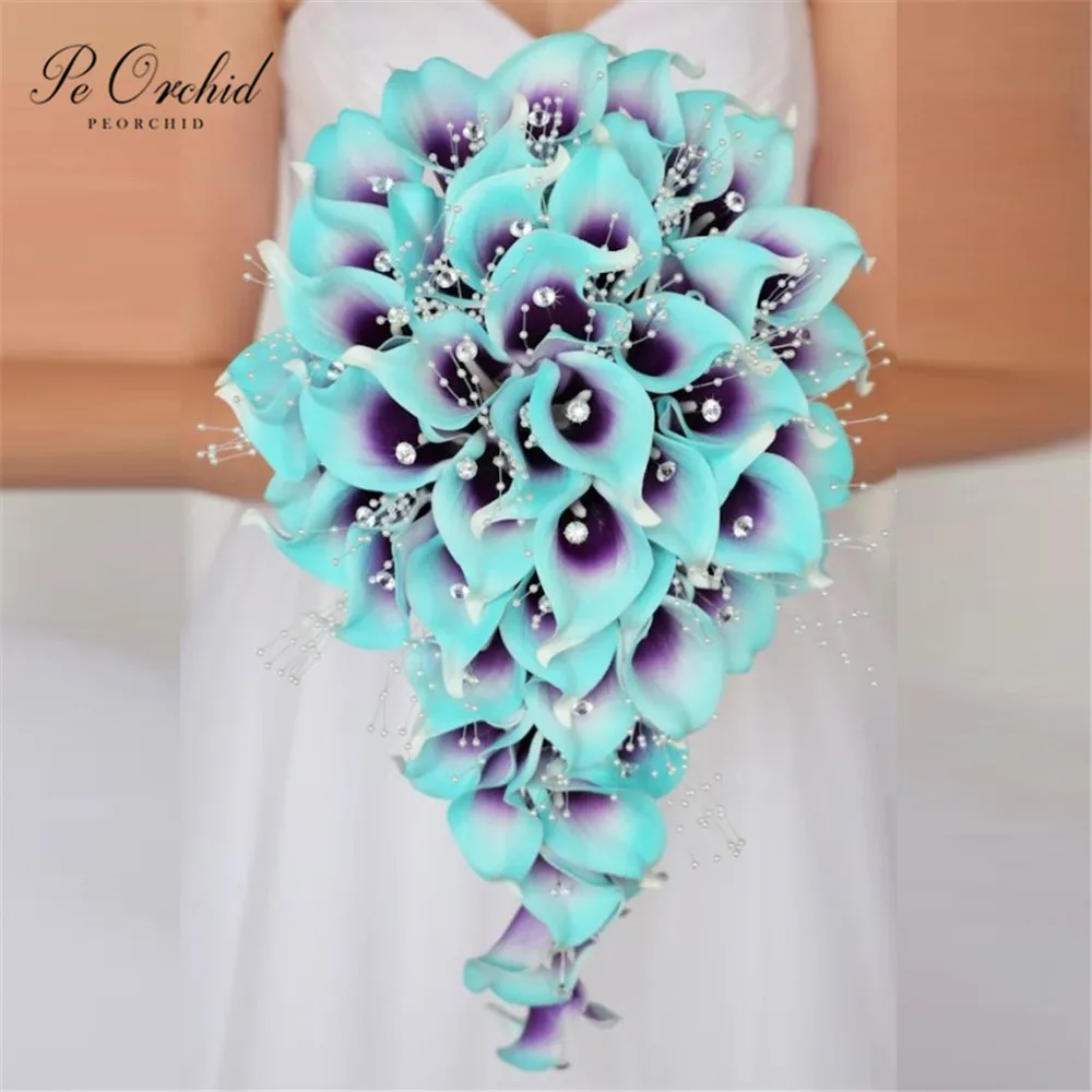 Top Trends: PEORCHID Charm Flowers Cascading Cala Lily Bouquet For The Bride Blue Purple Crystal Pearls Luxury Waterfall Wedding Bouquet Shoppable Styles