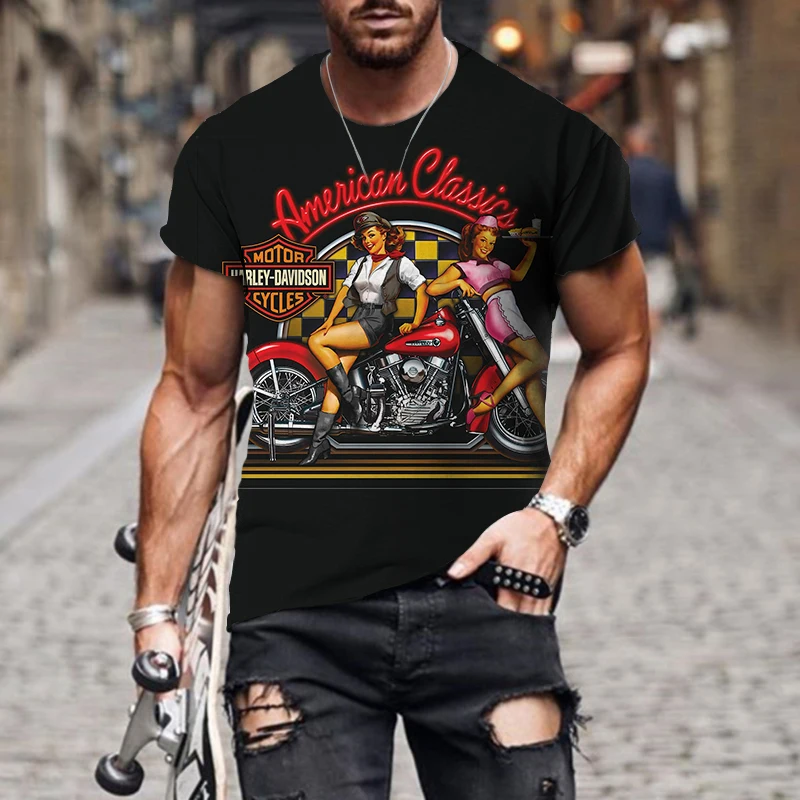 Top Trends: Vintage Biker Pattern Men's T-shirts Oversized T-shirt Car Girl 3d Print Short Sleeve Top Loose Casual Tees Street Men Clothing Shoppable Styles