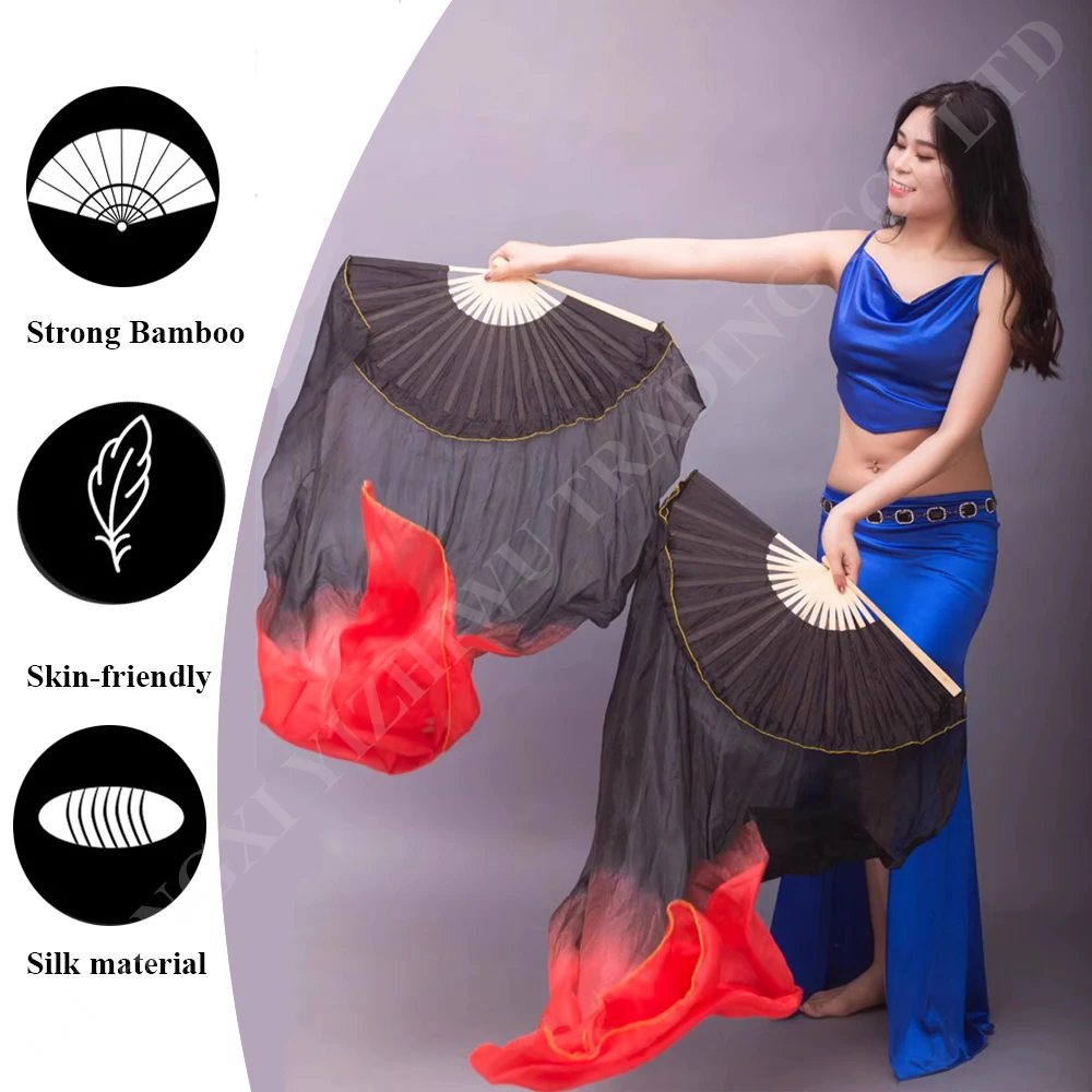 Top Trends: High Quality 1 Pair Real Silk Belly Dance Fan Veils Chinese Belly Dancing Long Fans Shoppable Styles