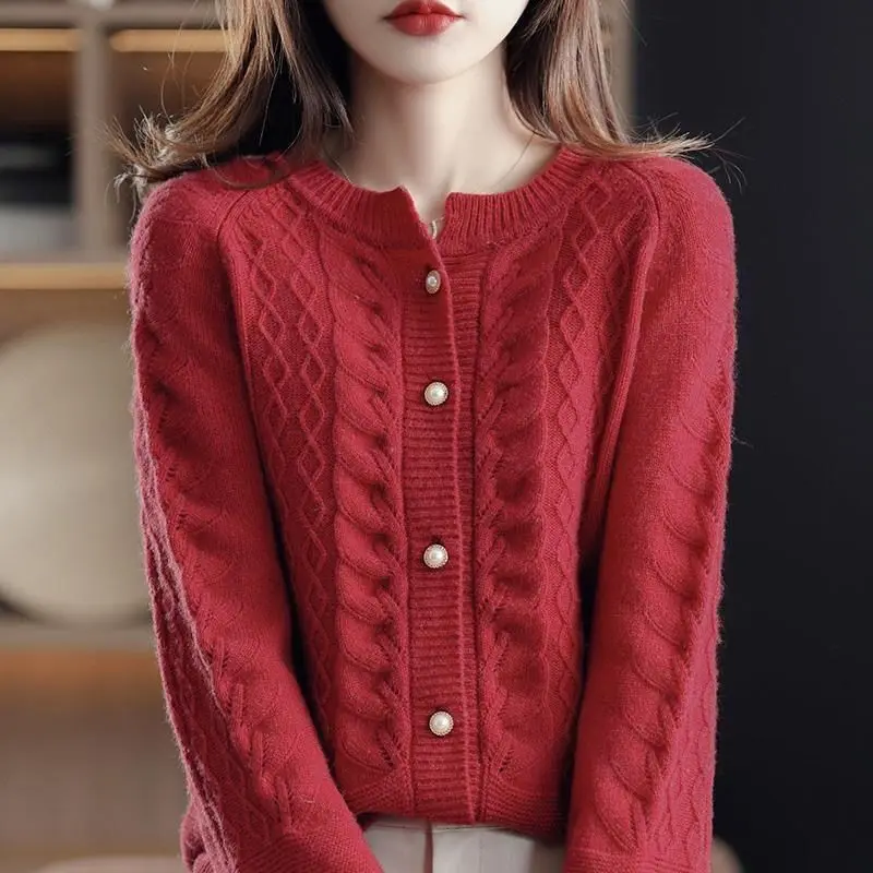 Top Trends: Solid Korean Pearl Buckle Thick O-Neck Women's Clothing Screw Thread Sweaters Single Breasted Knitting Autumn Winter Cardigan Shoppable Styles - Image 3