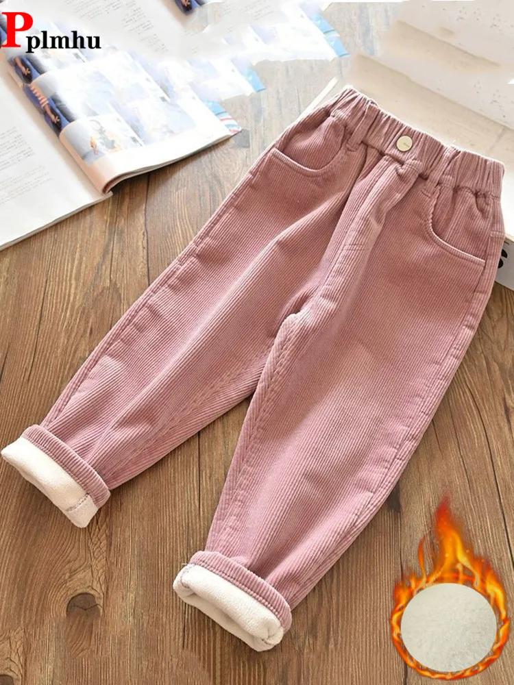 Top Trends: Velvet Lined Corduroy Kids Harem Pants Winter Elastic High Waist Warm Boys / Girls Pantalones Baggy Thicken Plush Children Spodnie Shoppable Styles