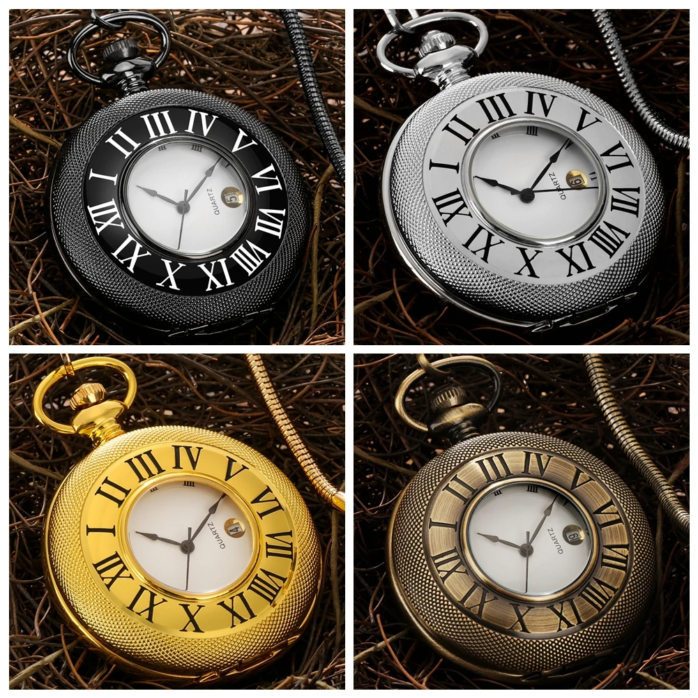 Top Trends: Pocket Watch With Calendar Minimalist Roman Numeral Quartz Pocket Watches Black / Gold / Silver / Bronze Pendant Clock Birthday Gifts Shoppable Styles