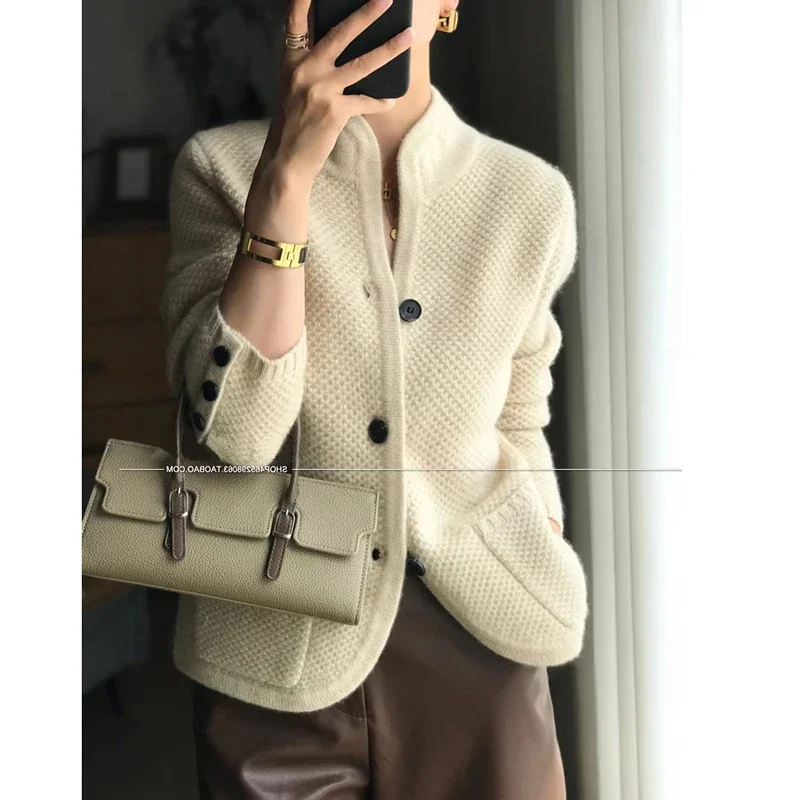 Top Trends: Autumn Winter New Thickened 100% Pure Cashmere Cardigan Women Stand Neck Sweater Sweater Loose Knit Base Sweater Jacket Sweaters Shoppable Styles