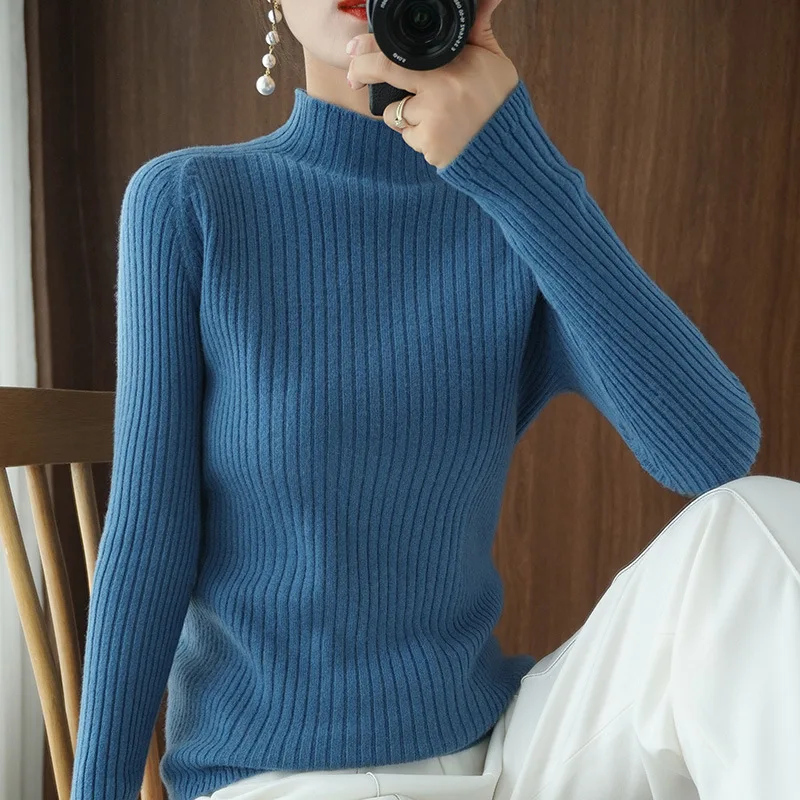 Top Trends: Women Sweaters Autumn Winter Jumper Long Sleeve Mock Neck Slim Fit Pullovers Korean Knitwear Strecth Solid Blue Bottoming Shirts Shoppable Styles