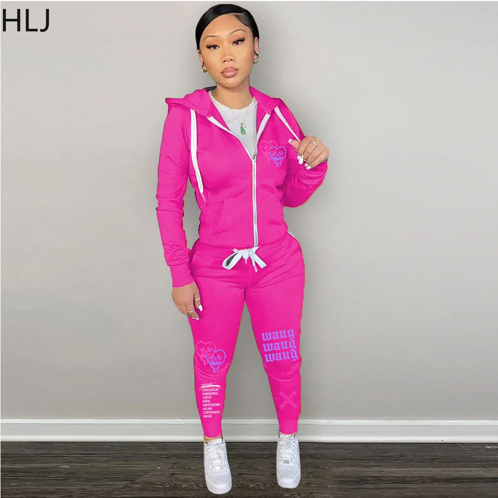 Top Trends: HLJ Autumn Winter Letter Printing Two Piece Sets Women Zip Long Sleeve Hooded Top And Jogger Pants Tracksuit Female 2pcs Outfits Shoppable Styles - Image 3