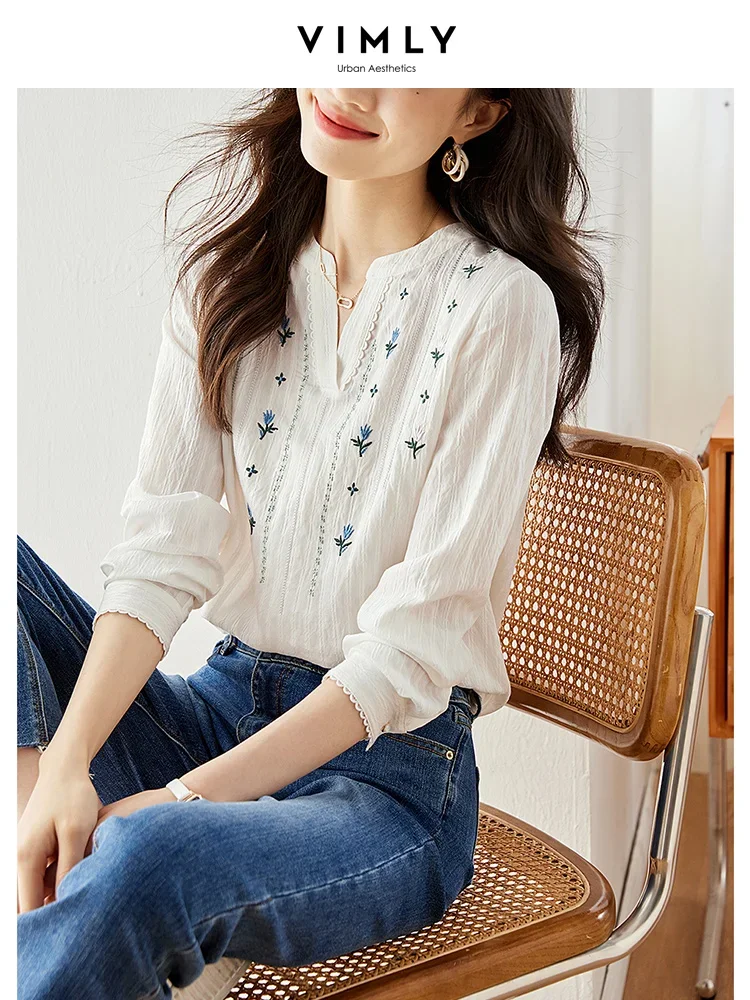 Top Trends: Vimly Floral Embroidered White Blouse Women Spring Autumn Long Sleeve Tops French Style Straight Casual Female Blouses M2552 Shoppable Styles