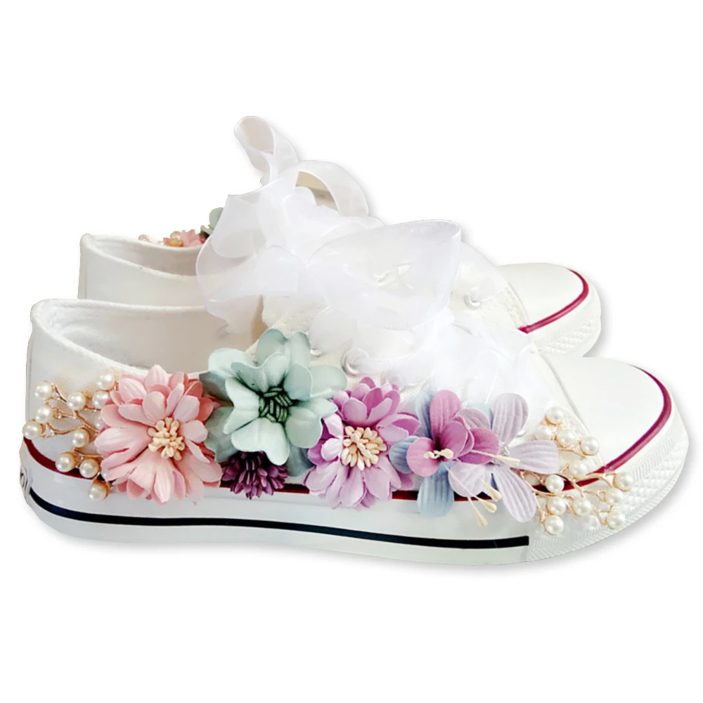 Top Trends: 2023 New Korean Fantasy 7 Color DIY Flowers Vulcanized Shoes Pearl Hand-Made Designer Women&#039;s Rhinestone Platform Canvas Shoes Shoppable Styles