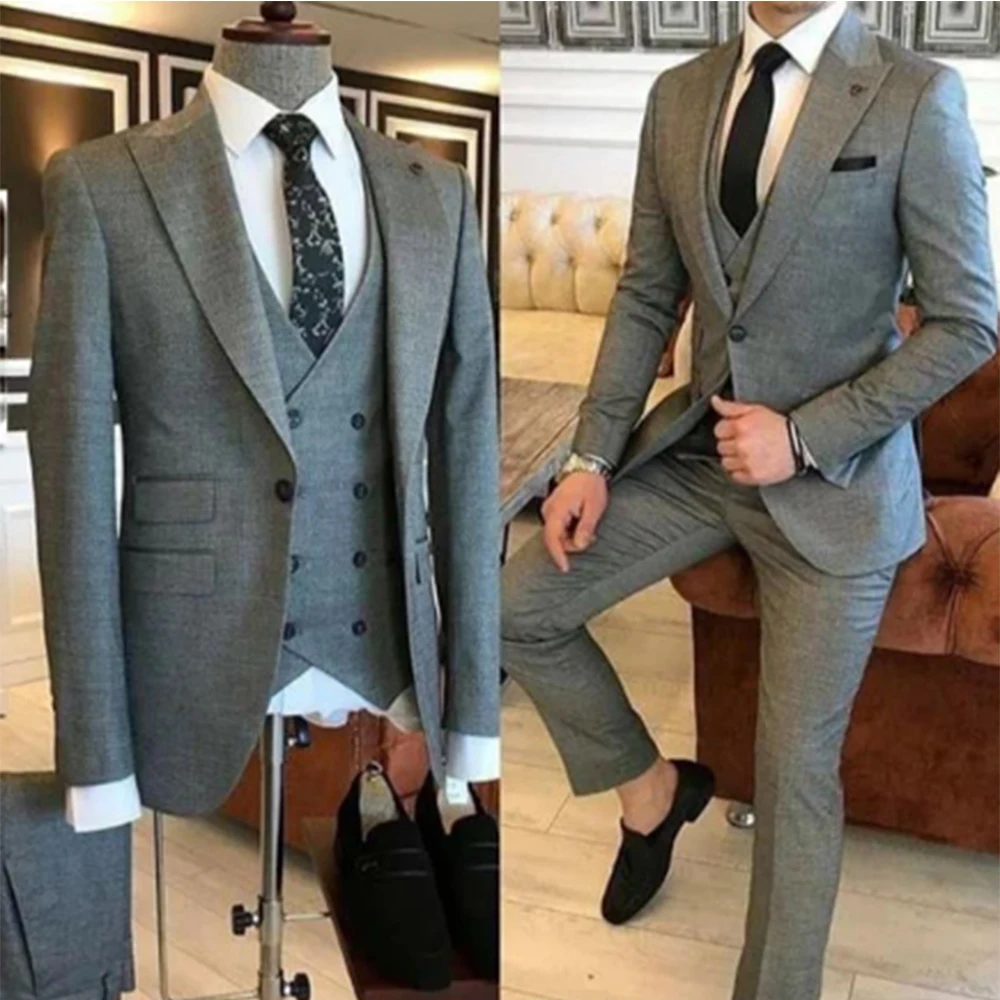 Top Trends: Groom Wear 3 Pieces Gray Men Suits 2023 Slim Fit Peak Lapel One Button Tailor Made Terno Masculino (Jacket+ Pants+ Vest) Shoppable Styles