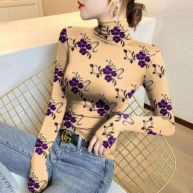 Top Trends: Women's Thin High Neck T-shirt 2023 Spring Autumn New Vintage Slim Bohemian Printing Long Sleeve All-match Pullover Tops Shoppable Styles