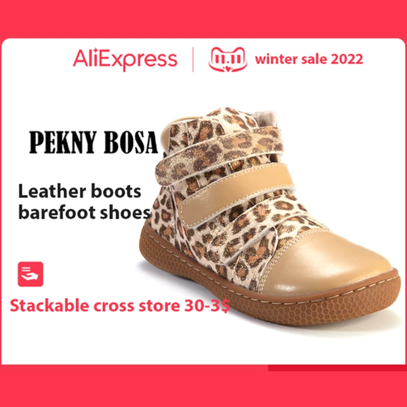 Top Trends: PEKNY BOSA Leopard Boots Kids Shoes For Girl Ankle Shoes Soft Bottom Leather Boots Wide Toes Chid Barefoot Shoes For Boy Shoppable Styles