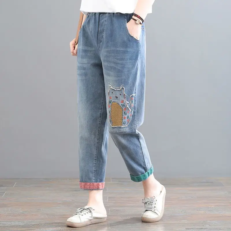 Top Trends: 2023 New Spring And Summer Korean Edition Casual Loose Oversized Cartoon Sticker Fabric With Western Embroidery Jeans For Women Shoppable Styles