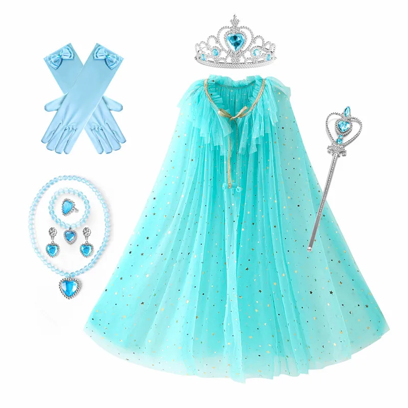 Top Trends: Girls Princess Elsa Cloak Sequin Kids Aurora Rapunzel Cape Crown Wand Necklace Set Party Cosplay Mantle Dress Up Accessories Shoppable Styles - Image 5