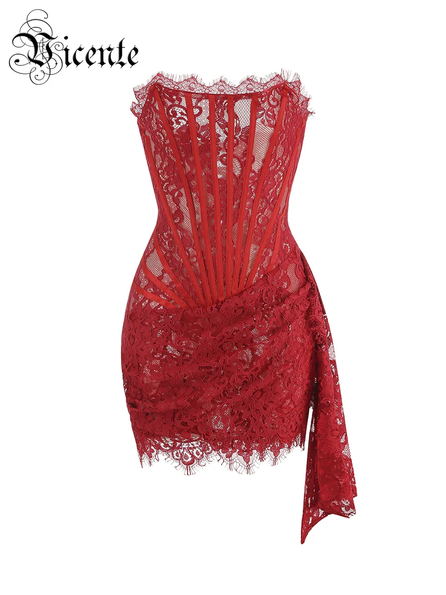 Top Trends: VC Christmas Dress For Women Red Lace Sexy Strapless Sleeveless Slim Supper Short Dress With Lace-Up Shoppable Styles