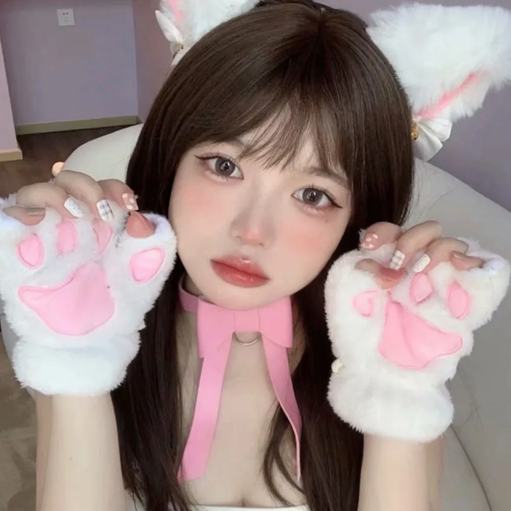 Top Trends: Kawaii Cute Plush Cat Claw Paw Gloves For Girl Novelty Hand Warmer Flip Half Finger Gloves Winter Fingerless Bear Cat Gloves Shoppable Styles