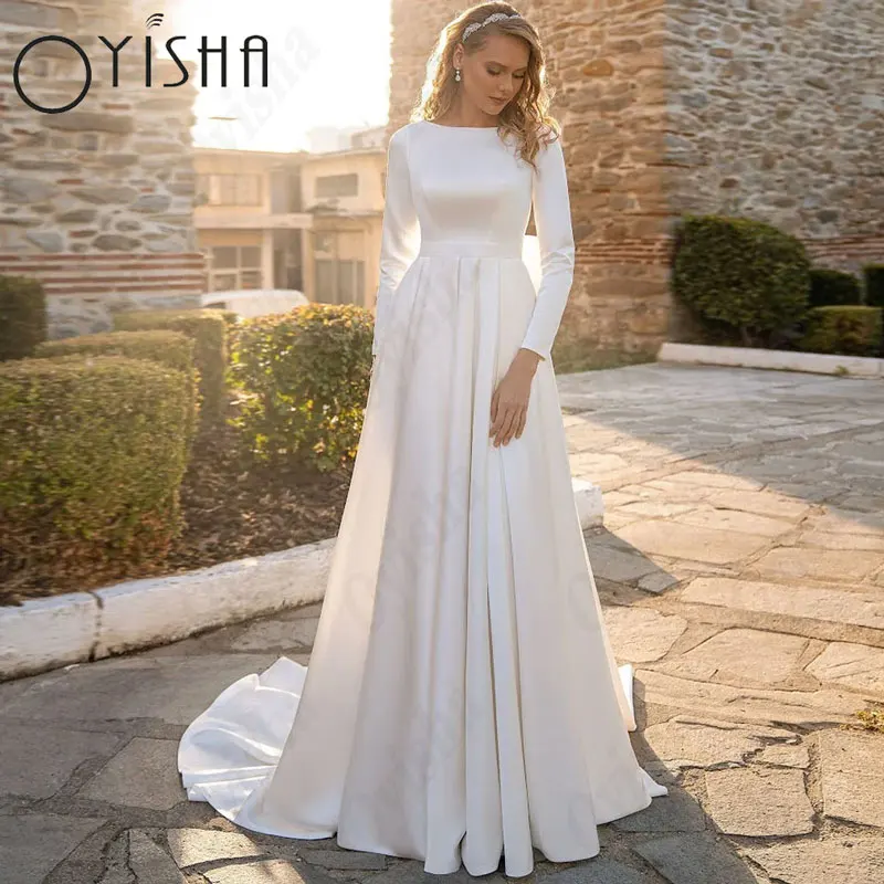 Top Trends: OYISHA O-Neck A-Line Muslim Wedding Dresses White Satin Long Sleeves Gorgeous Bridal Gowns For Woman Exquisite Vestidos De Novia Shoppable Styles