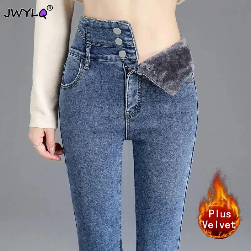 Top Trends: Three Buckles Women Winter Plus Velvet Slim Pencil Denim Pants Female 2023 Korean High Waist Warm Stretch Denim Mom Pencil Pants Shoppable Styles