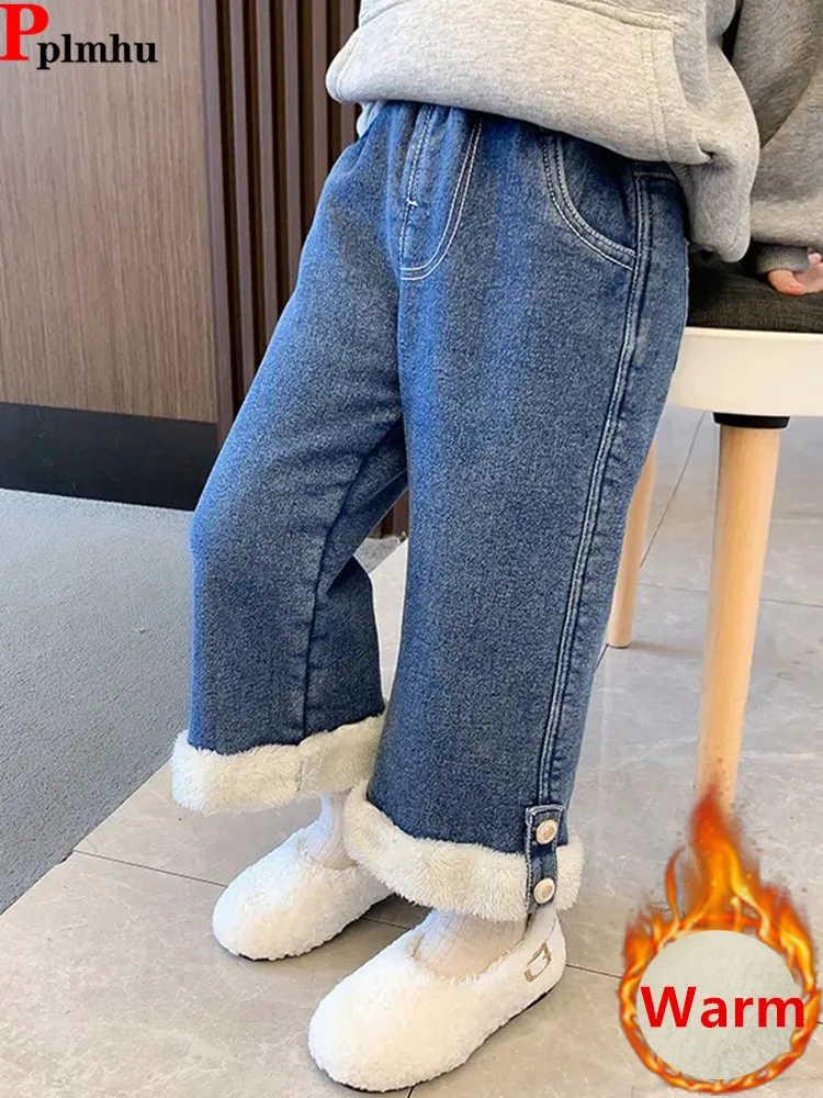 Top Trends: Thick Velvet Lined Girls Jeans Wide Leg Pants Winter Warm Elastic High Waist Kids Vaqueros Pantalones New Plush Children Jeansy Shoppable Styles