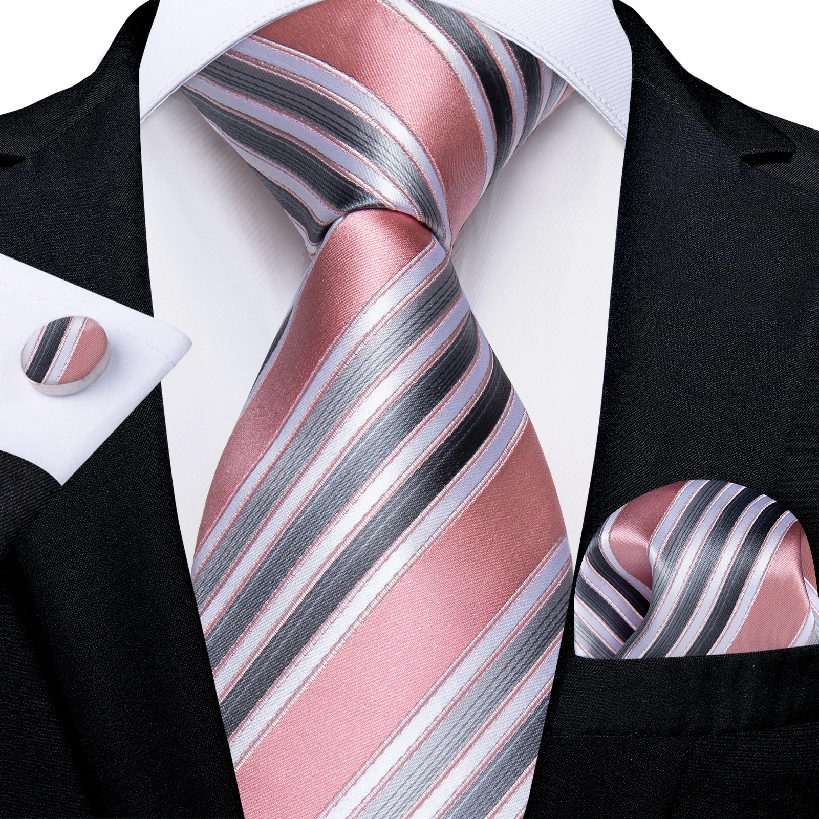 Top Trends: Pink Gray White Striped Fashion Silk Tie Set Handkerchief Cufflinks Gift For Men Accessories Dropshipping Wholesale Shoppable Styles