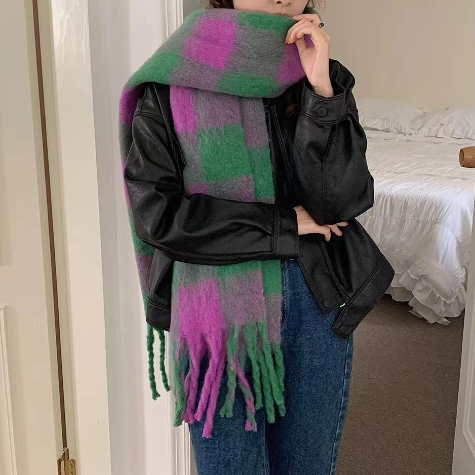 Top Trends: Luna&amp;Dolphin Women Winter Autumn Wool Scarf Green Purple England Plaid Student Warm Tassel Sweet Girls Pashmina Big Shawl Shoppable Styles