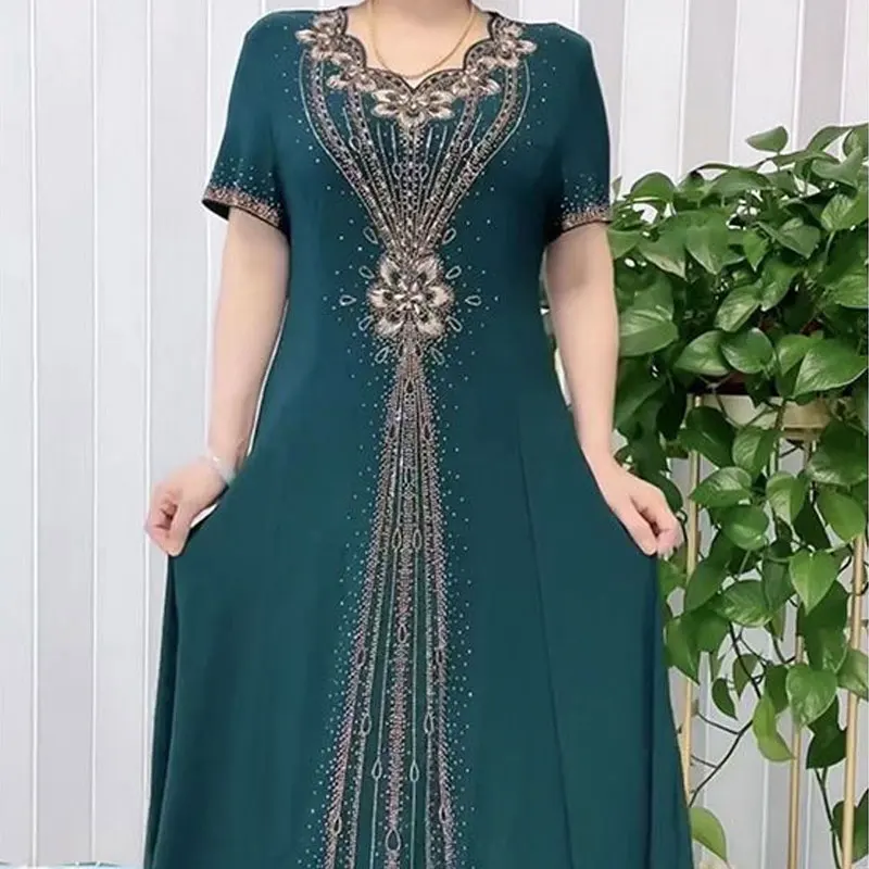 Top Trends: Elegant V-Neck Embroidery Dresses Vintage A-Line Waist Female Clothing Fashion Diamonds Summer Casual Short Sleeve Long Dress Shoppable Styles