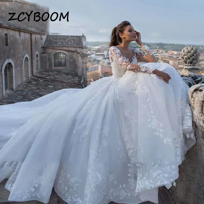 Top Trends: White / Ivory Elegant Wedding Dresses 2023 Illusion Long Sleeves Appliques Lace Bride Dresses Princess Tulle Backless Wedding Gown Shoppable Styles