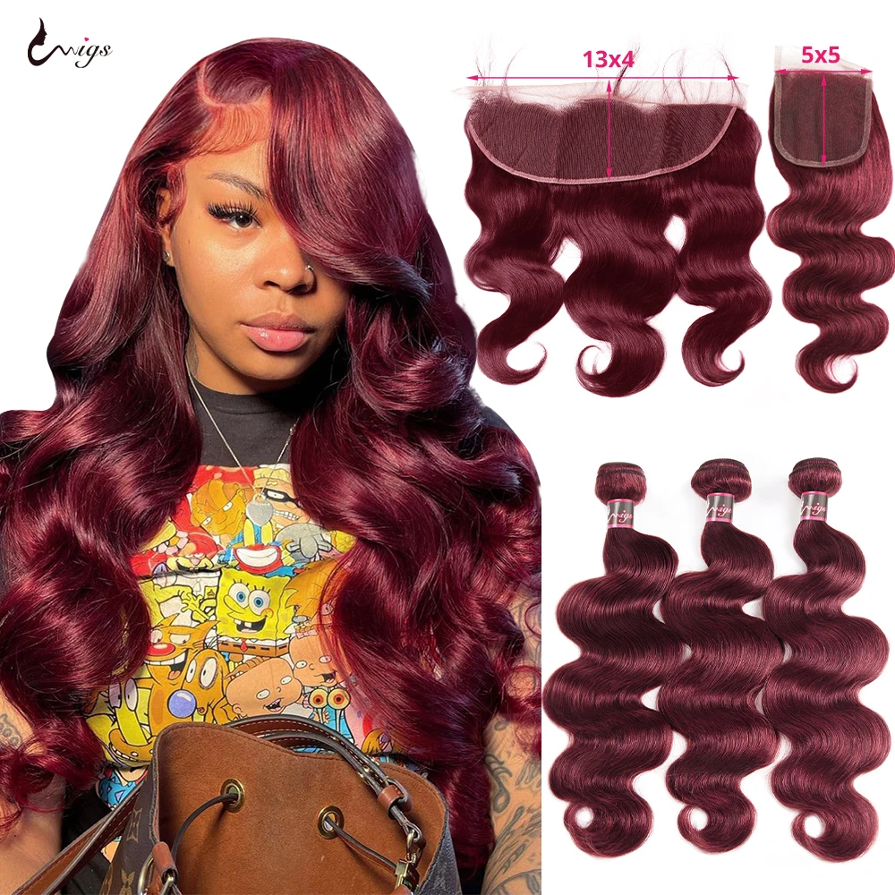 Top Trends: Burgundy Body Wave Bundles With Frontal Brazilian Human Hair Extension Bundles With 5x5 Closure Ombre Colored 99j 3 Bundles Hair Shoppable Styles