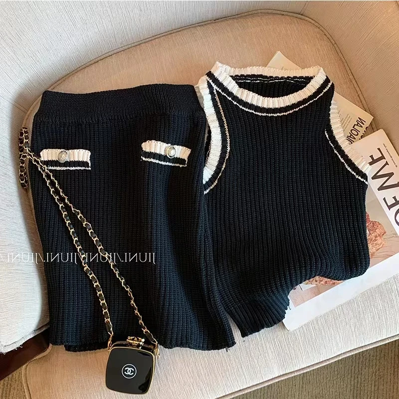 Top Trends: Knitted Two Piece Sets Sexy Elegant Bodycon Women Mini Skirt Suits Tank Top Slim O-neck Summer Vest Korean Casual Knitwear N415 Shoppable Styles - Image 4