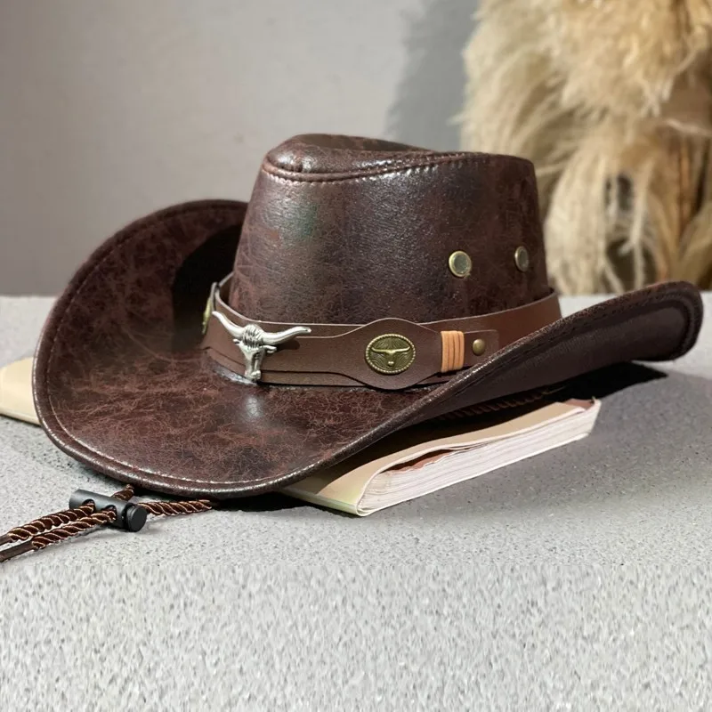 Top Trends: Women Men Faux Leather Western Cowboy Hats Cow Head Decorate Vintage Rider Panama Cowgirl Jazz Cap Sombrero Hombre Shoppable Styles