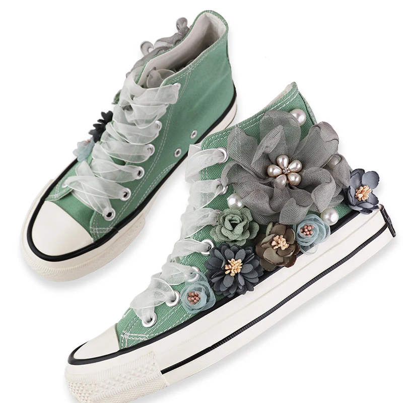 Top Trends: High Top Flower Women Canvas Shoes Beading Lady Shoes Autumn Korean Casual Sneakers Shoppable Styles