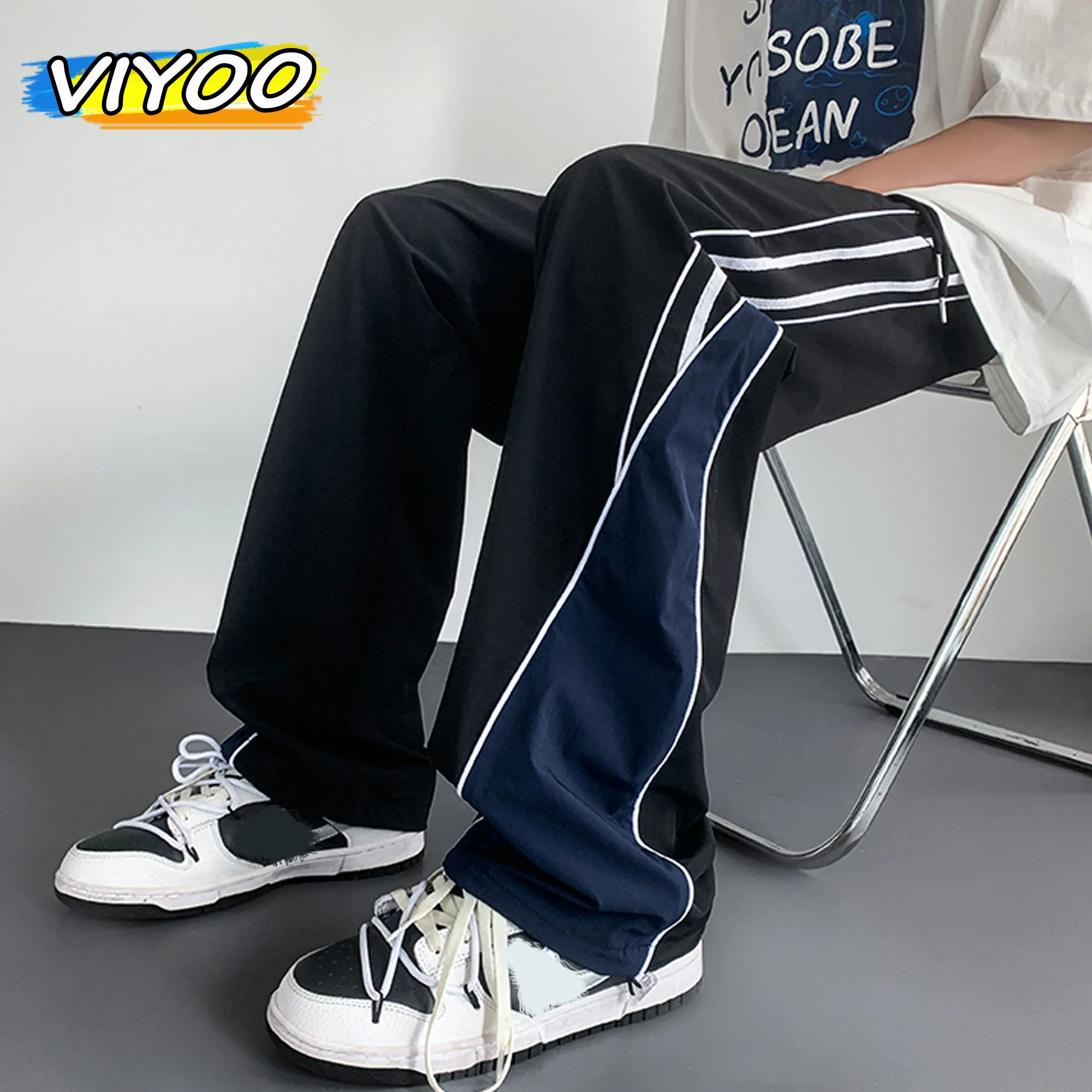 Top Trends: Oversized Men's Navy Y2K Casual Harajuku Trousers Striped Sweatpants Wide Leg Baggy Cargo Pants For Men Korean Autumn Techwear Shoppable Styles