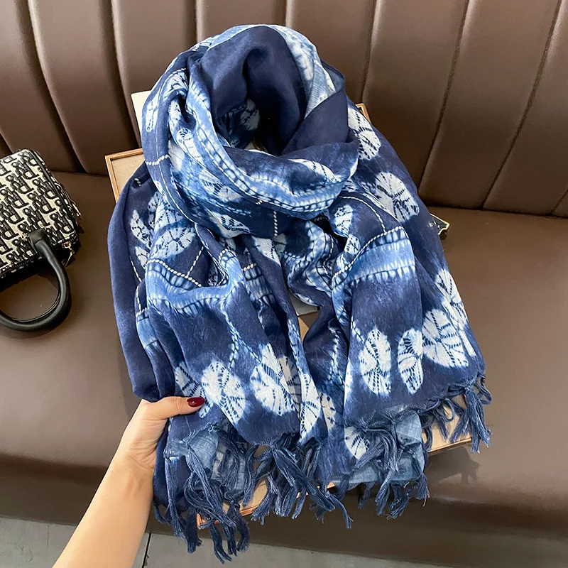 Top Trends: African Indian Navy Blue Floral Tassel Viscose Scarf High Quality Print Shawls And Wraps Pashmina Stole Long Soft Muslim Hijab Shoppable Styles