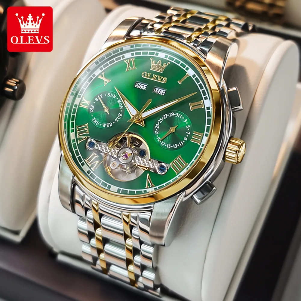 Top Trends: OLEVS Automatic Mechanical Men Watches Stainless Steel Waterproof Date Week Green Fashion Classic Wrist Watches Reloj Hombre Shoppable Styles