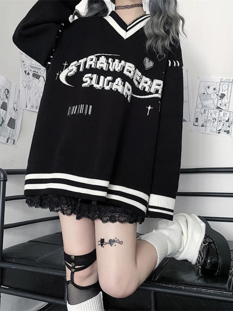 Top Trends: Deeptown Y2K Black Stripe Oversized Hoodies Women Harajuku Grunge Letter Print Sweatshirts V-neck Loose Casual Tops Gothic 2000s Shoppable Styles