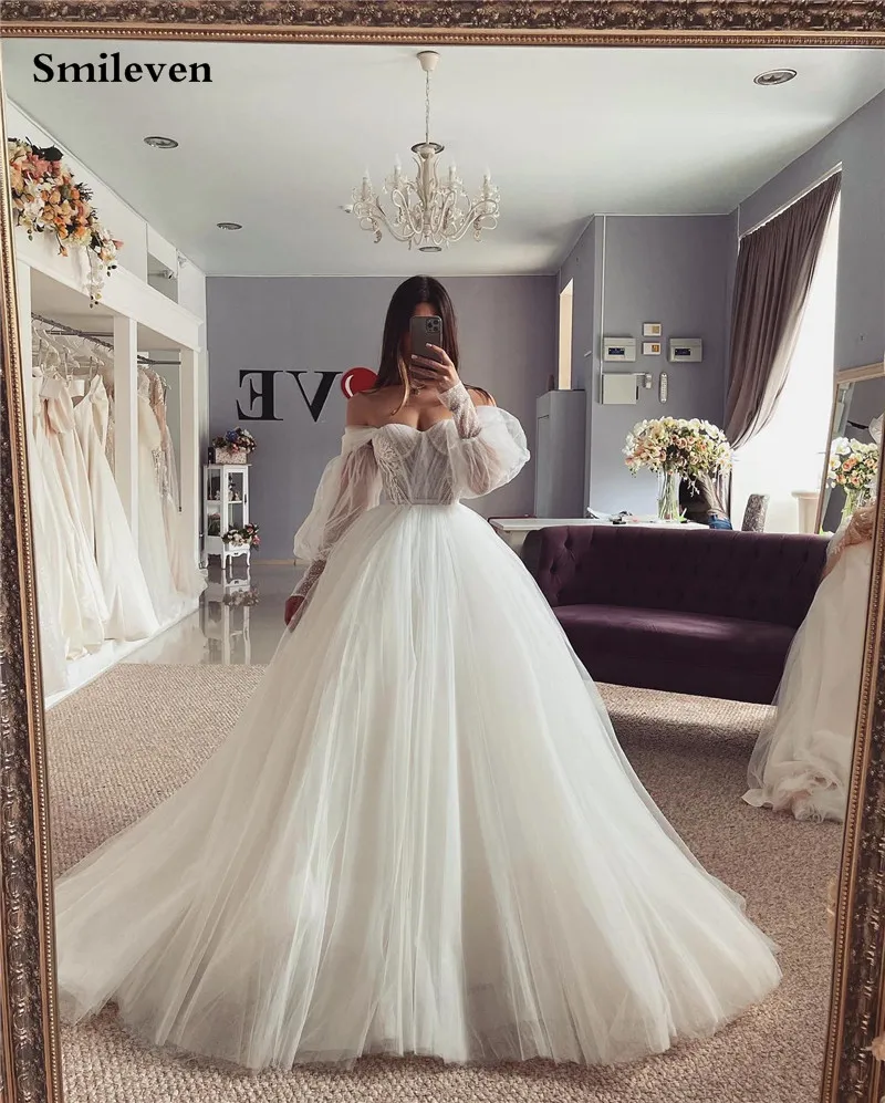 Top Trends: Smileven Puff Sleeve Corset Wedding Dress A Line Off The Shoulder Bride Dresses Lace Wedding Gown Vestido De Novia 2023 Shoppable Styles