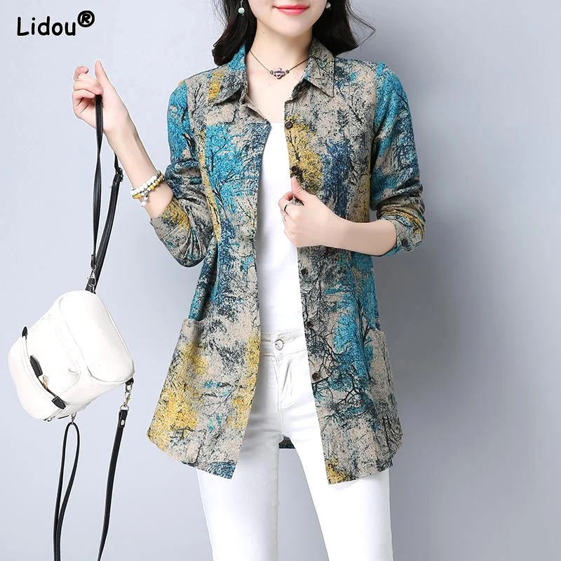 Top Trends: Women&#039;s Clothing Tops Intellectual Turn-down Collar Button Printing Straight Pullovers Office Lady Blouses Vintage Spring Summer Shoppable Styles