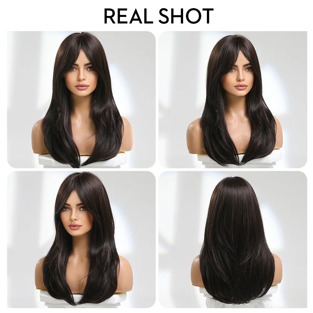 Top Trends: Black Brown Wig With Side Bangs Medium Length Synthetic Wigs Natural Layered Hair For Women Party Cosplay Heat Resistant Fibre Shoppable Styles - Image 3