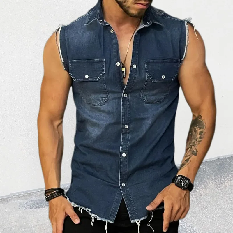 Top Trends: Fashion Mens Summer Solid Color Denim Shirts Single-Breasted Design Pocket DecorTurn-down Collar Sleeveless Slim Cardigan Tops Shoppable Styles