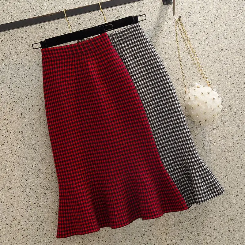 Top Trends: Spring Autumn New Knitted Fishtail Skirt Elastic Waist Plaid A-line Ruffle Slim Hip Wrap Skirt Temperament Elegant Women Clothes Shoppable Styles