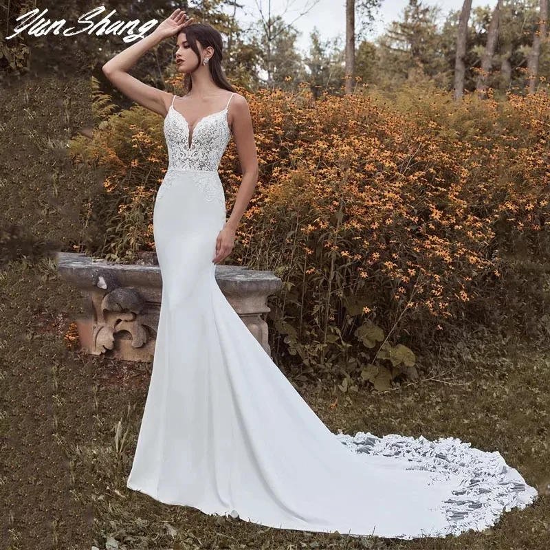 Top Trends: YunShang Lace Mermaid Wedding Dress 2024 Spaghetti Straps V-Neck Sleeveless Elegant Bridal Gown Long Sweep Train Sexy Open Back Shoppable Styles