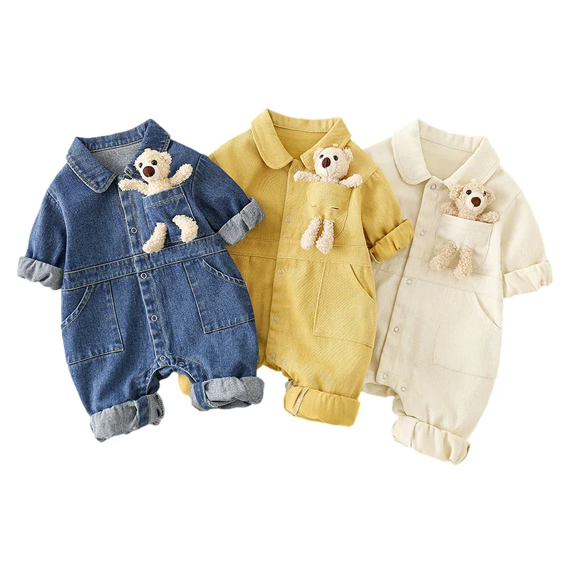 Top Trends: Autumn Denim Baby Jumpsuits Cute Pocket Bear Romper For Boys Girls Newborn Overalls Korean Toddler Onesie Spring Kids Clothing Shoppable Styles