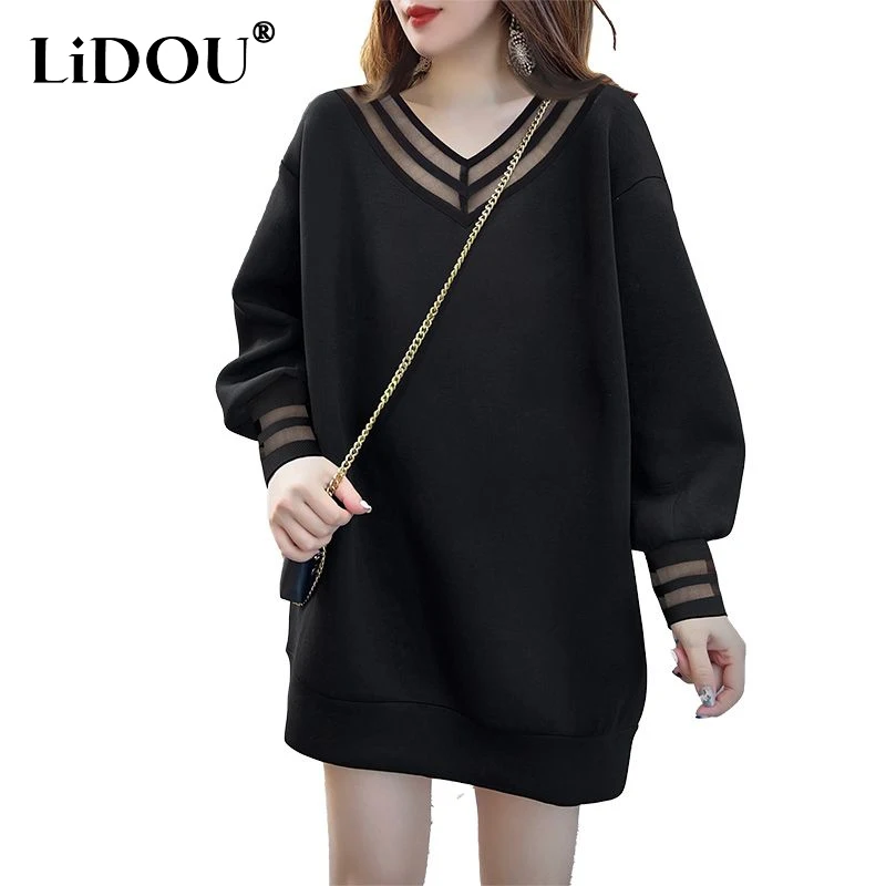 Top Trends: 2023 Spring Autumn New Solid Color V-neck Long Sleeve Mini Dress Women Hollow Out Lace Patchwork Casual Loose All-match Vestidos Shoppable Styles