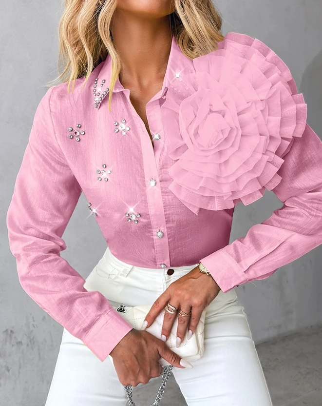 Top Trends: Fashion Women&#039;s Blouses 2023 Autumn New Rose Detail Rhinestone Turn-Down Collar Top Casual Long Sleeve Female Versatile Pullover Shoppable Styles