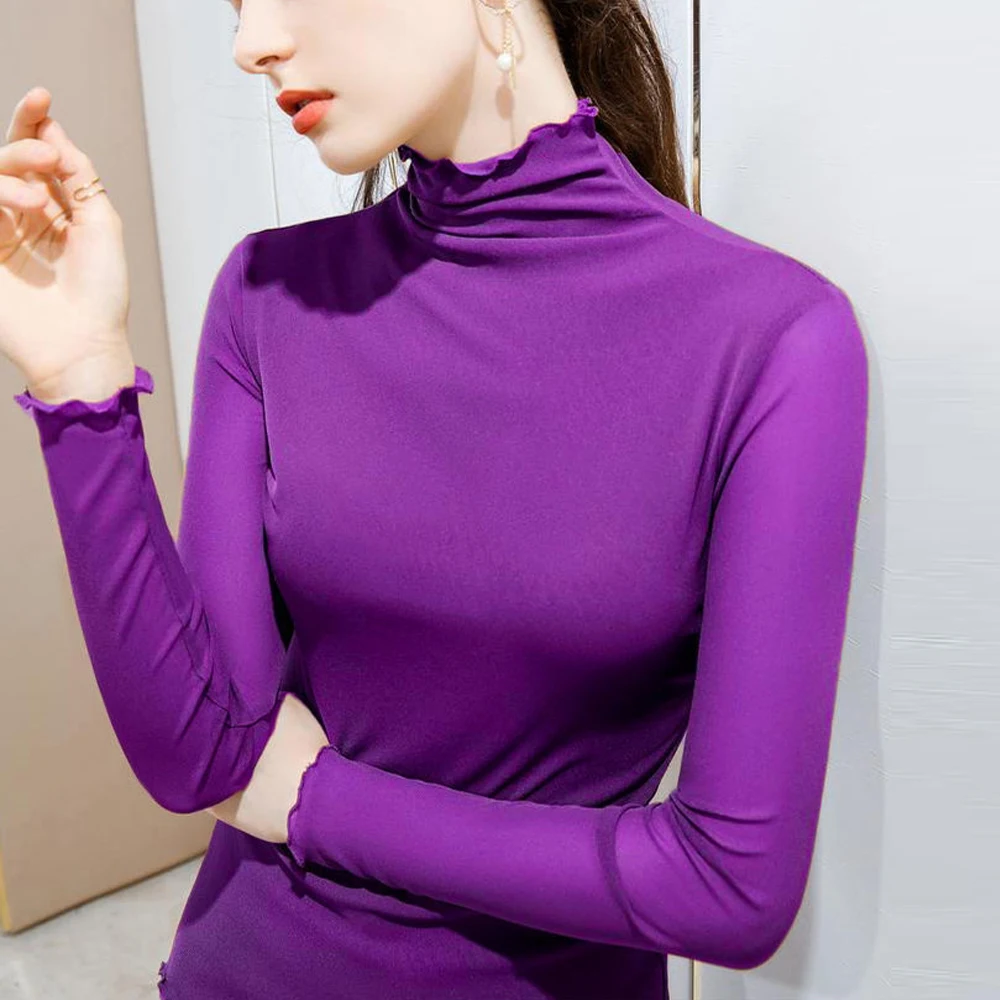 Top Trends: High Neck Sheer Mesh Top Women Long Sleeve Turtleneck T-shirt Korean Sexy See Through Black White Red Purple Shirt S-2XL Shoppable Styles