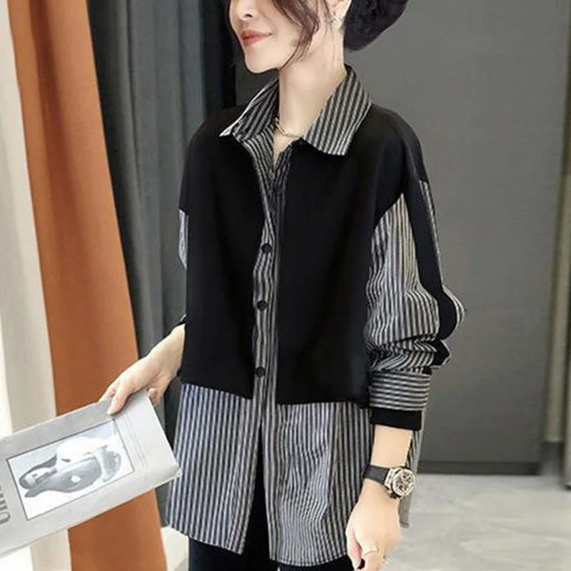 Top Trends: Fashion Lapel Spliced Loose Fake Two Pieces Striped Shirt Female Clothing 2023 Autumn New Casual Tops All-match Commute Blouse Shoppable Styles