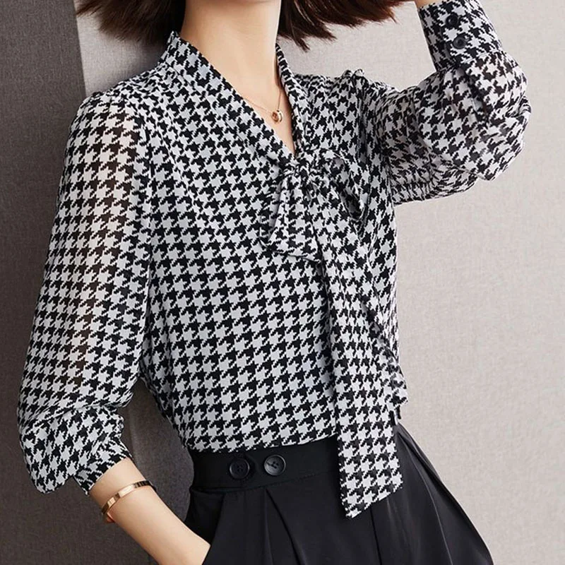 Top Trends: Office Lady Plus Size Fashion Thousand Bird Plaid Shirt Neckline Lace-up Thin Chiffon England Style Bow Lantern Sleeve Printing Shoppable Styles - Image 2