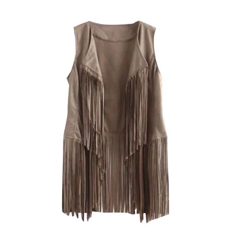 Top Trends: M2EA Women Faux Suede Ethnic Sleeveless Jacket Long Fringe Tassels 70s Hippie Open Front Cardigan Vintage Waistcoat Vest Top Shoppable Styles